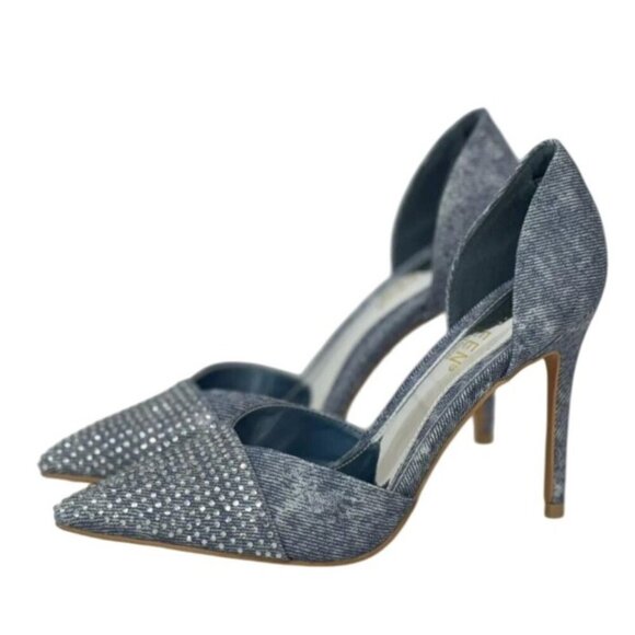 KAYLEEN / Net-26 / Blue Deni /  Rhinestone / Pointed-Toe Pumps / With High Stile - Picture 2 of 8